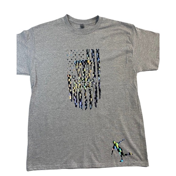 Disc Golf Shirt HOLOGRAPHIC PATRIOTIC Flag Disc Golfer L Graphic T-Shirt Grey - Picture 1 of 6